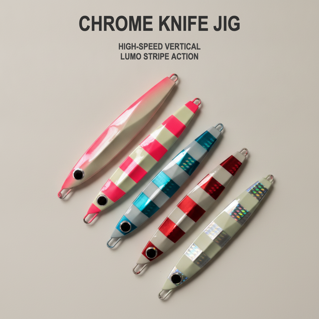 Chrome knife-style metal jig for a jig-weight selection guide