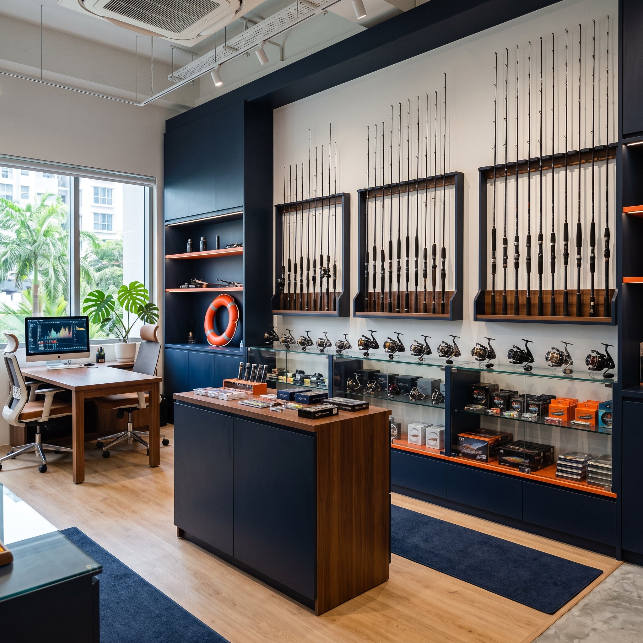 Clean fishing tackle showroom featuring premium fishing rods, reels, and gear neatly displayed on navy walls with warm natural light and orange accents.